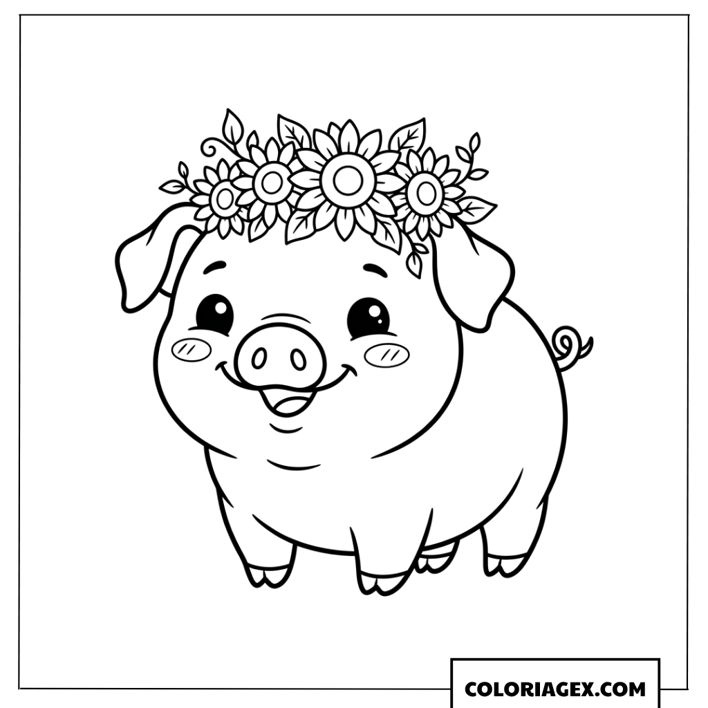 Dessin de cochon portant une couronne de tournesols