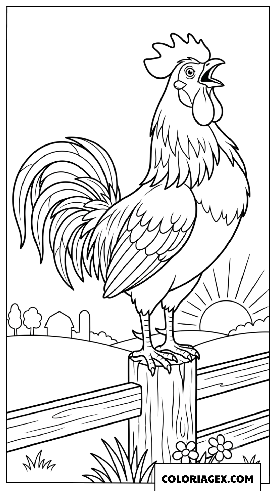 Dessin de coq debout sur le poteau de cloture