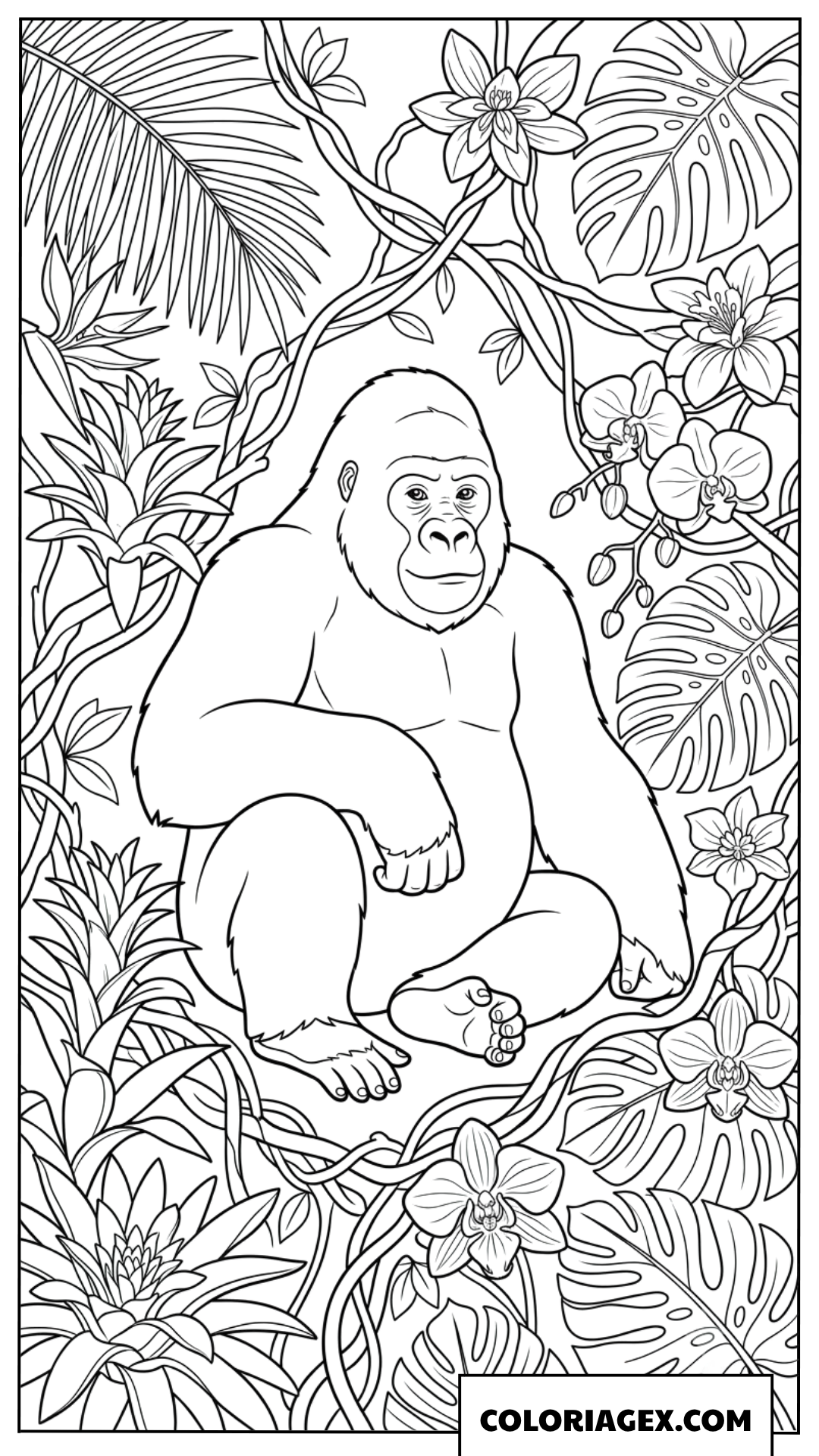 Dessin de gorille assis au milieu de lianes dans la jungle