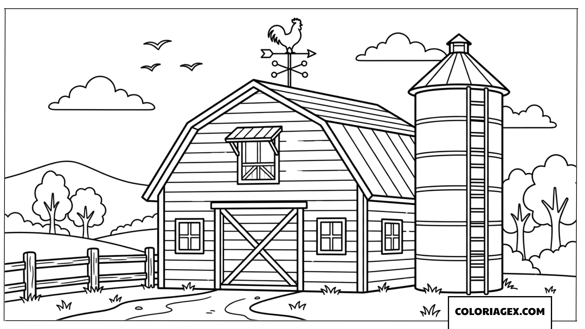 Dessin de grange rouge et de silo de ferme