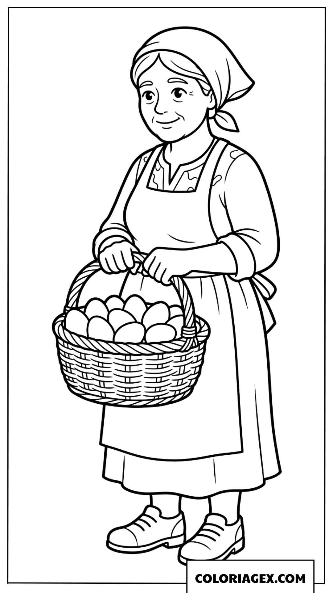 Dessin de la fermiere agee tenant un panier rempli d oeufs frais
