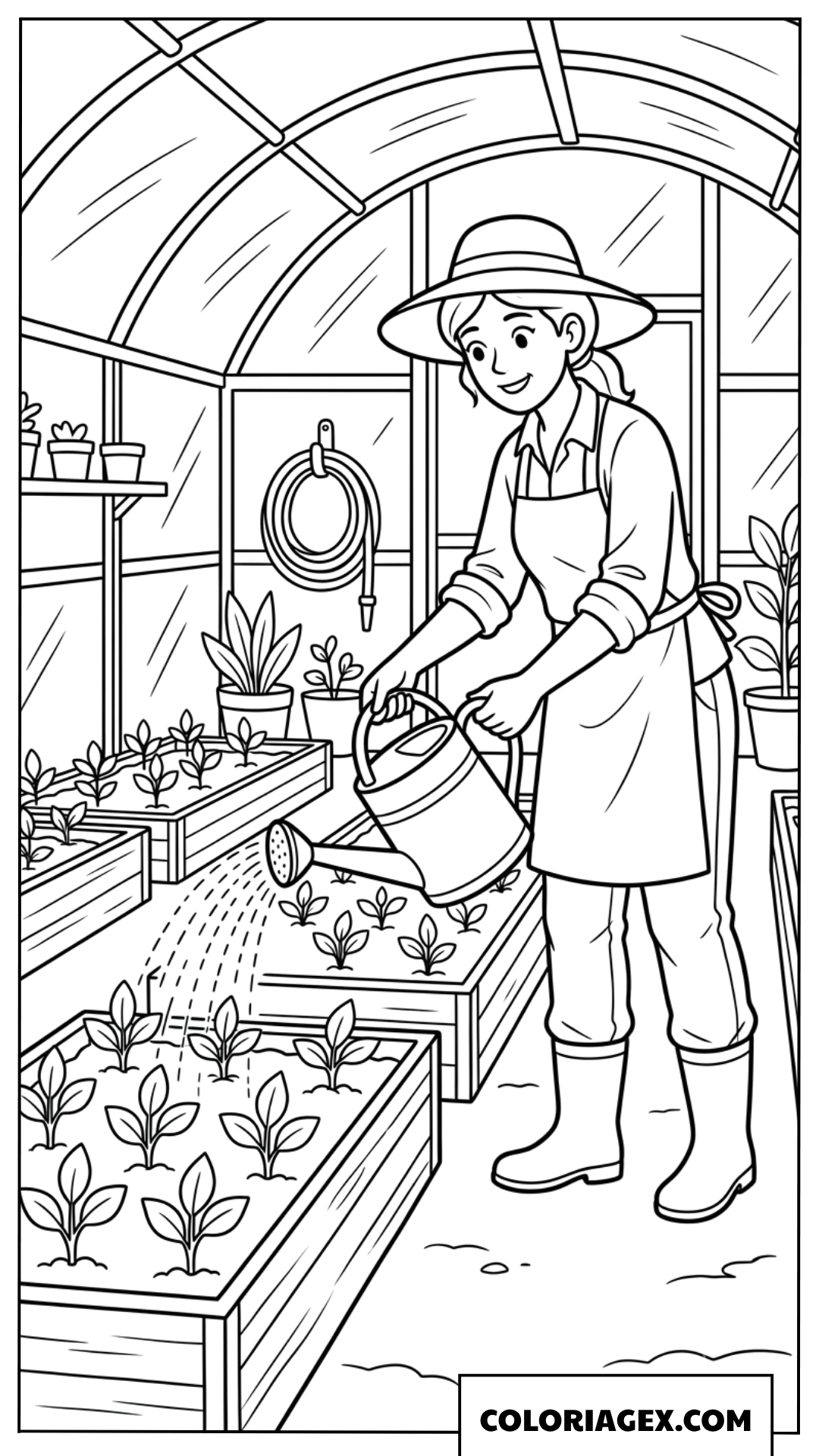 Dessin de la fermiere arrosant les plantes dans la serree