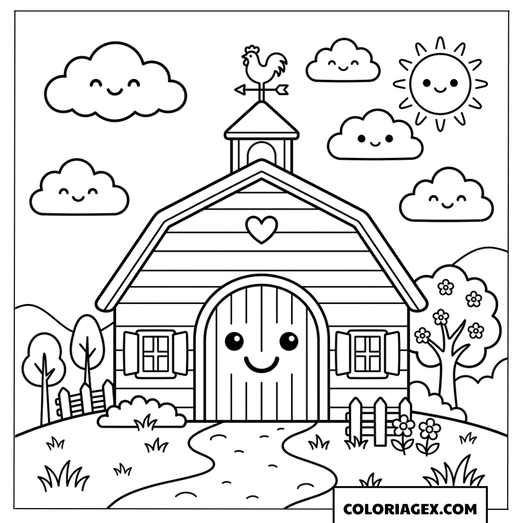 Dessin de la grange de la ferme avec un visage souriant et des nuages