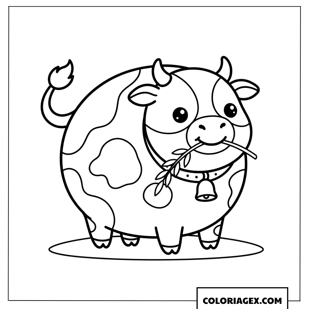 Dessin de la petite vache ronde avec une cloche et une tige d herbe