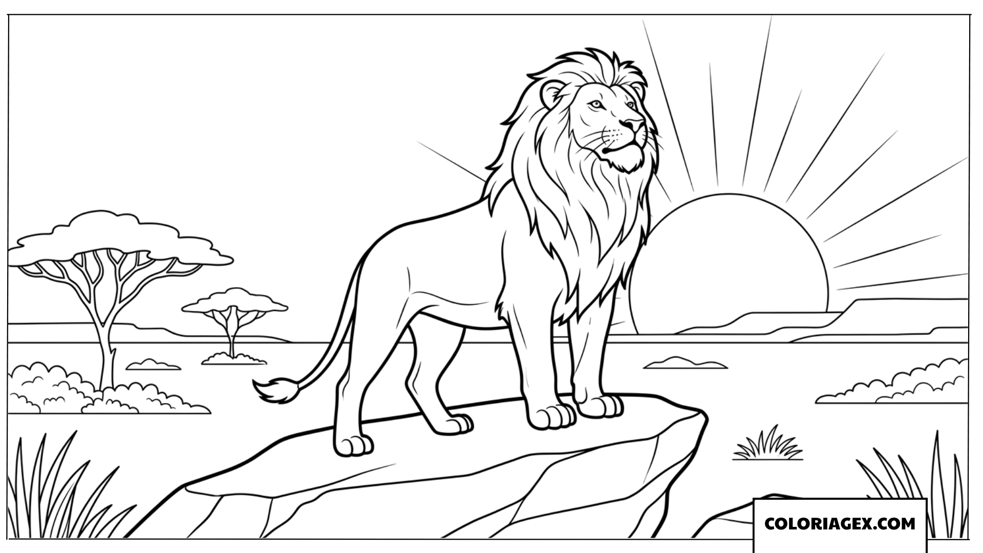 Dessin de lion debout sur un rocher regardant le soleil