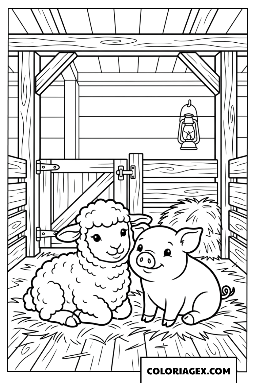 Dessin de mignon agneau et petit cochon dans l'etable