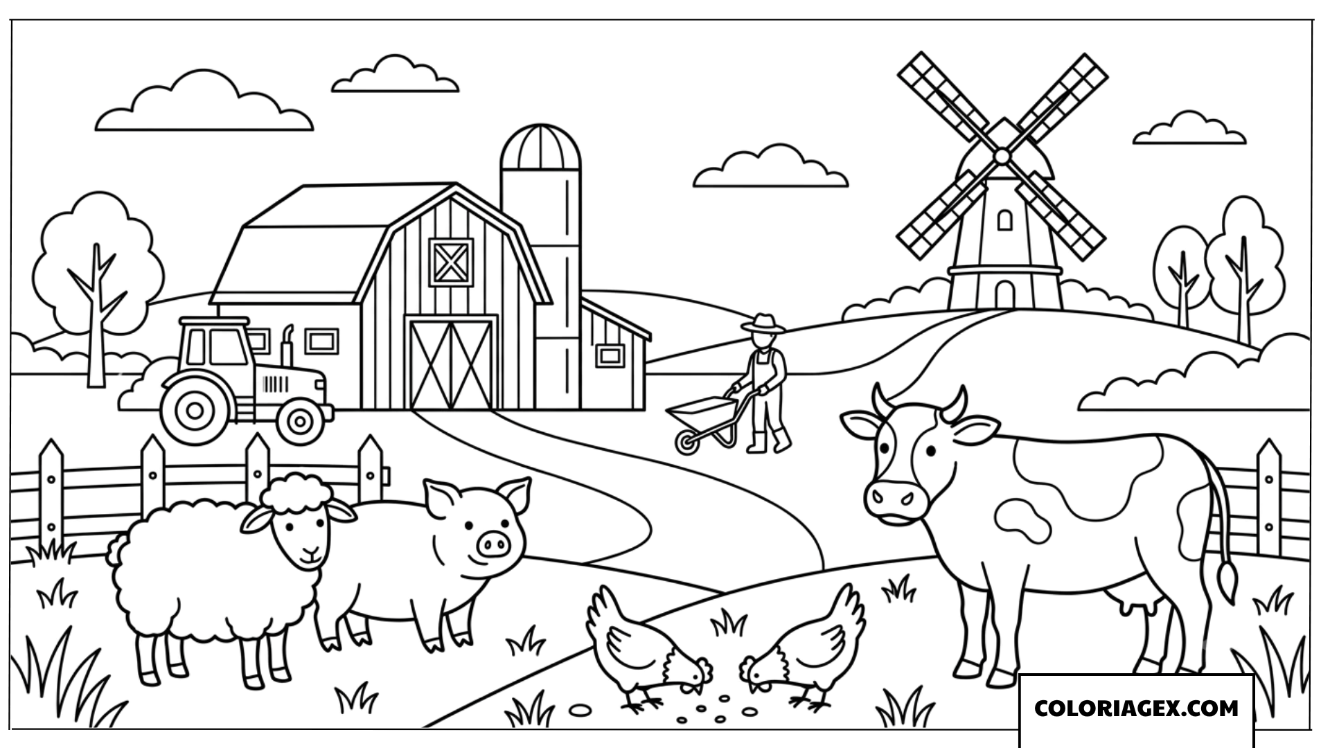 Dessin de paysage de ferme avec tracteur et animaux