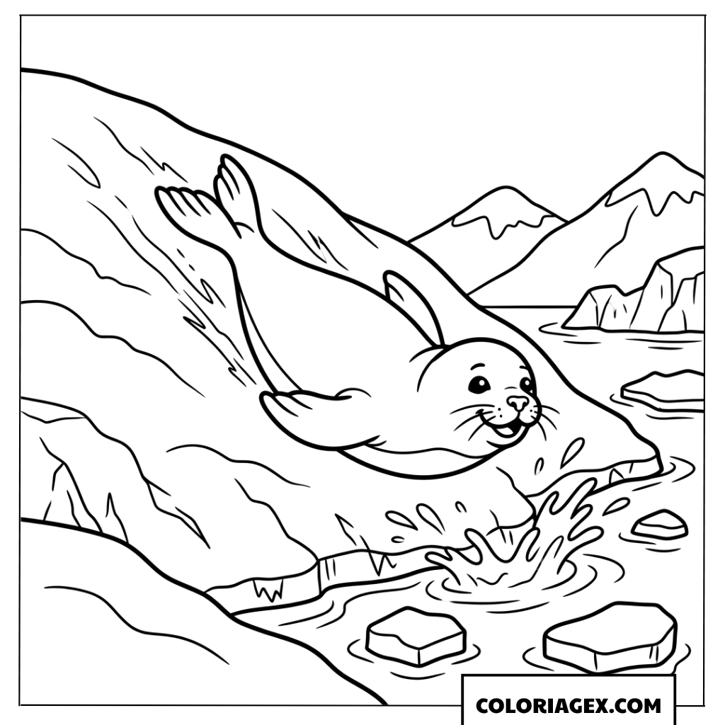 Dessin de phoque glissant sur une pente de neige vers l'eau