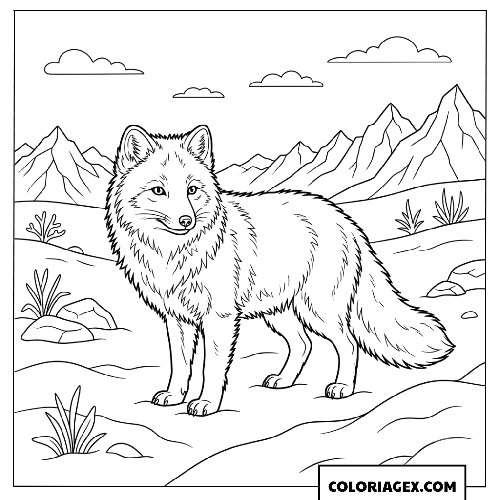 Dessin de renard polaire debout dans un paysage enneige