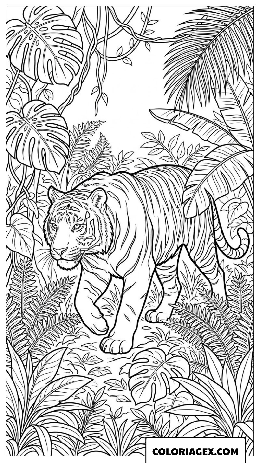 Dessin de tigre marchant dans une jungle tropicale dense