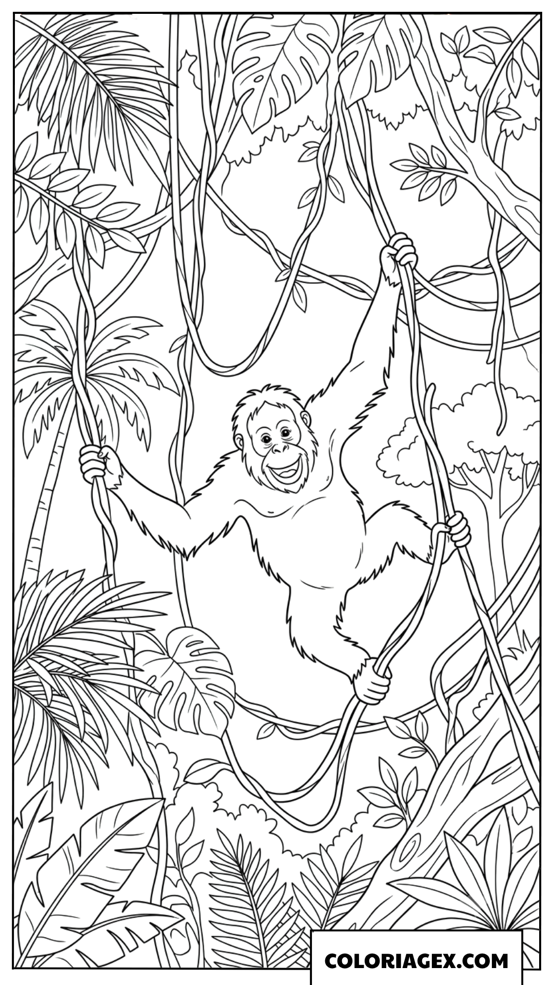 Dessin d'orang-outan se balancant sur des lianes en foret