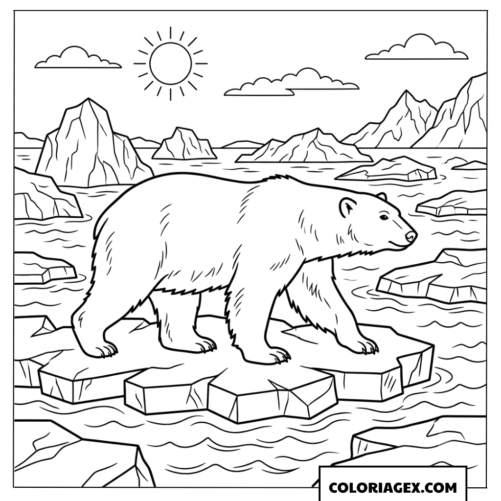 Dessin d'ours polaire marchant sur des blocs de glace flottants