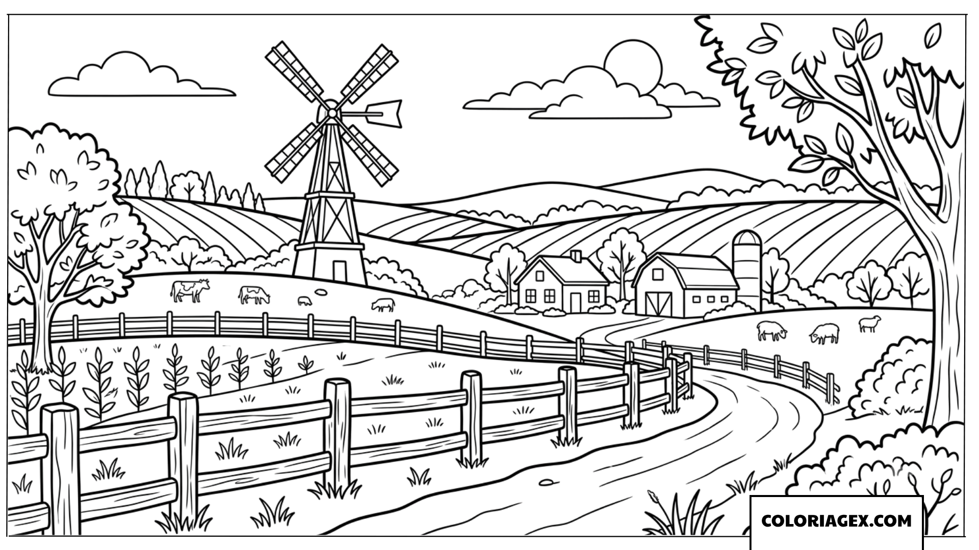 Dessin du paysage de campagne avec un moulin a vent et des collines