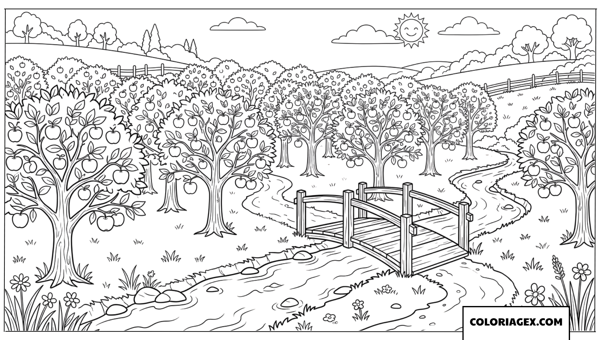 Dessin du verger de pommiers avec un petit pont en bois sur la riviere