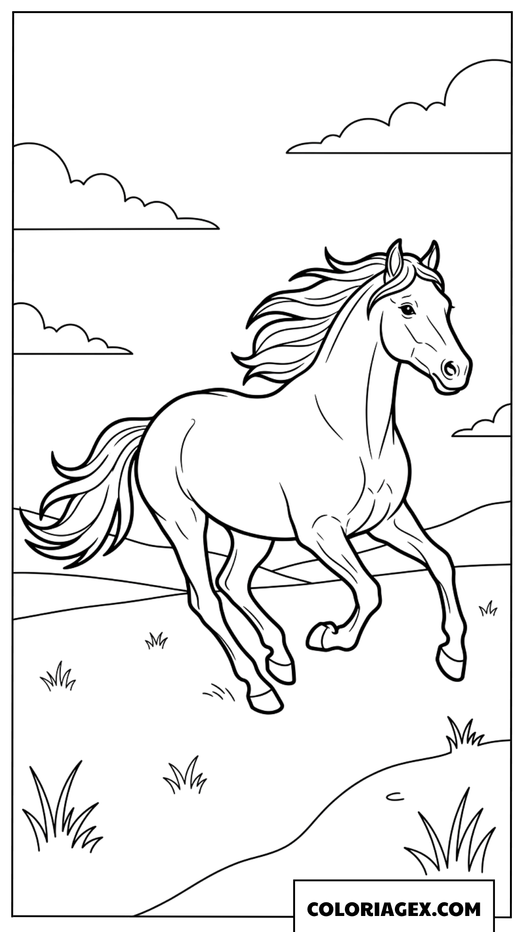 Dessin d'un cheval galopant a travers un champ