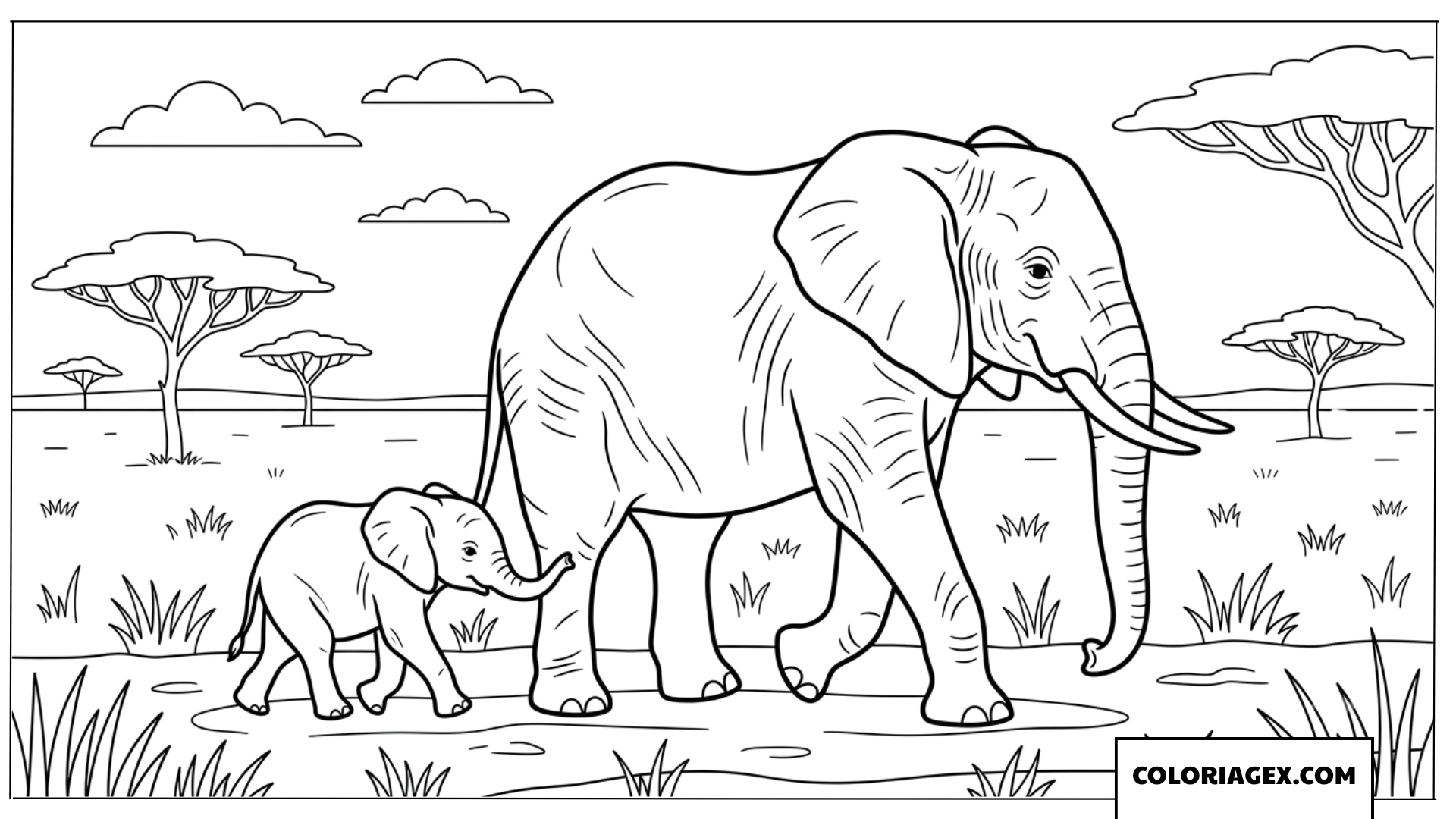 Dessin d'un elephant d'Afrique et de son bebe en promenade