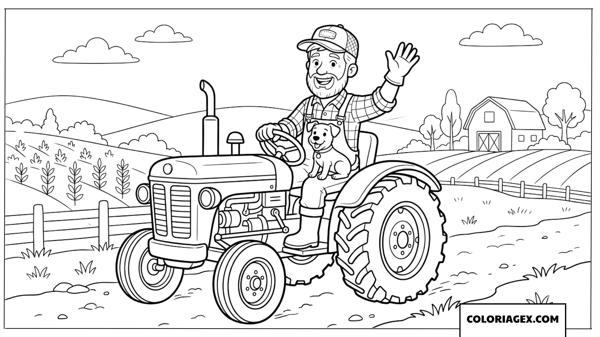 Dessin d'un fermier en tracteur avec son chien