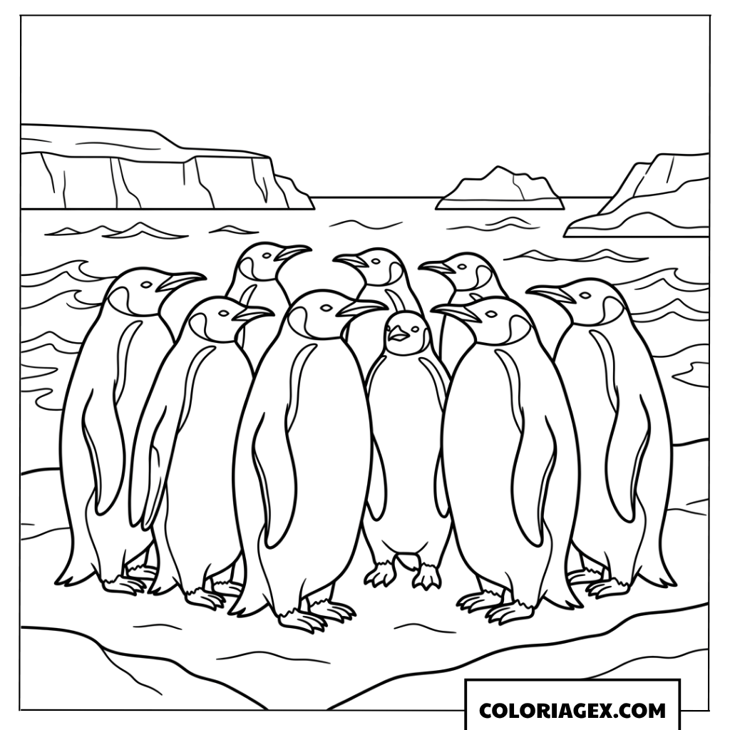 Dessin d'un groupe de manchots rassembles sur la neige