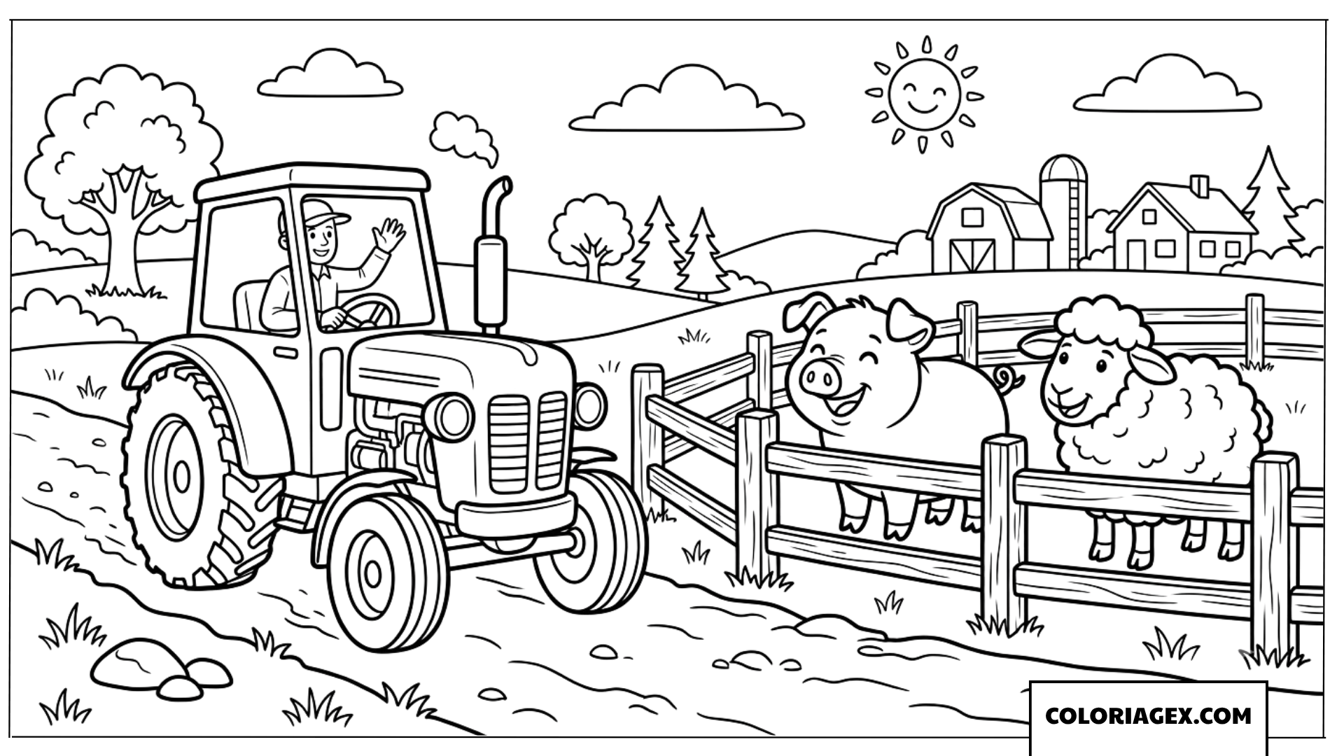 Dessin d'un tracteur et d'animaux de la ferme