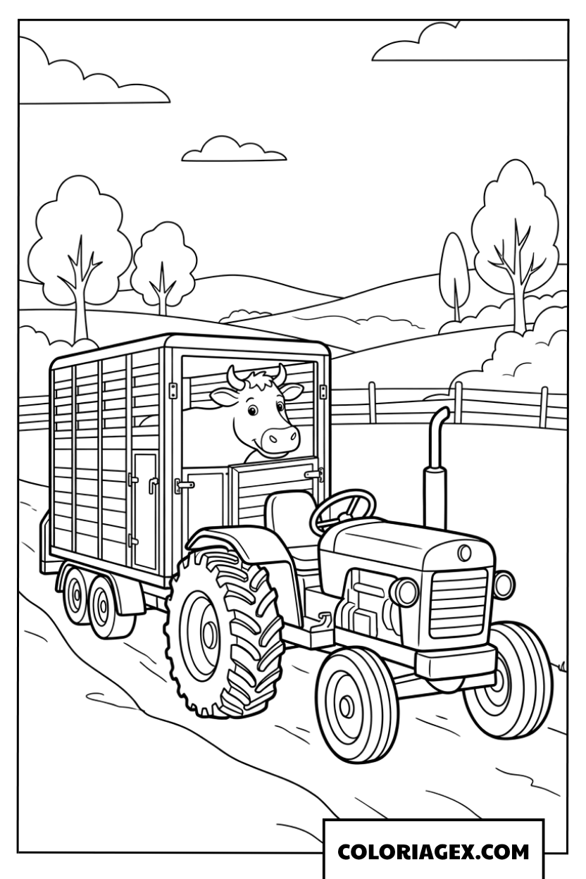 Dessin d'un tracteur tirant une remorque avec une vache