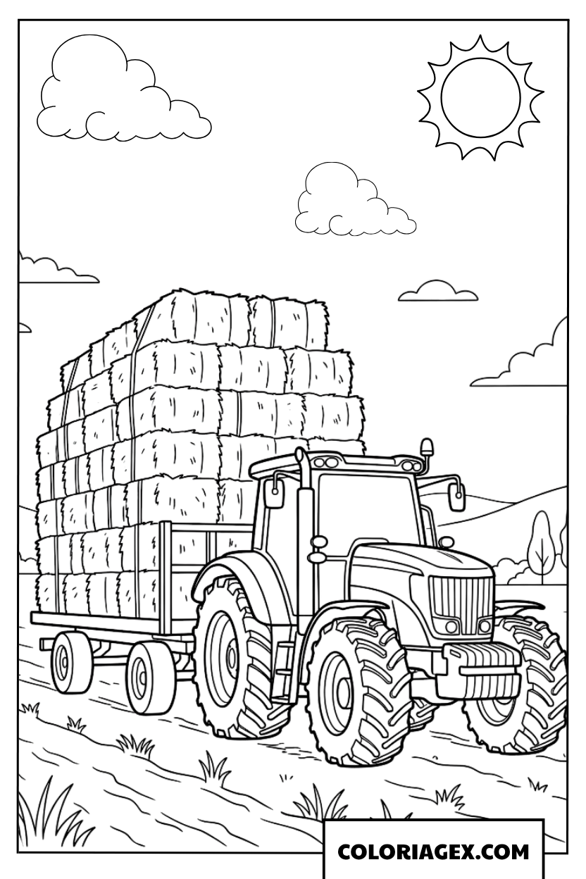 Dessin d'un tracteur transportant des grosses bottes de paille