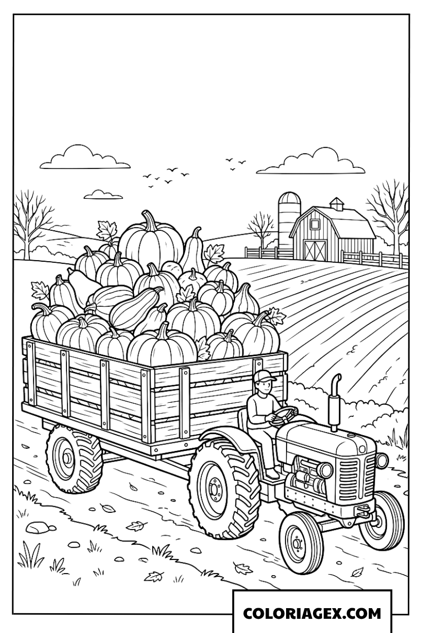 Dessin d'un tracteur transportant une remorque pleine de citrouilles