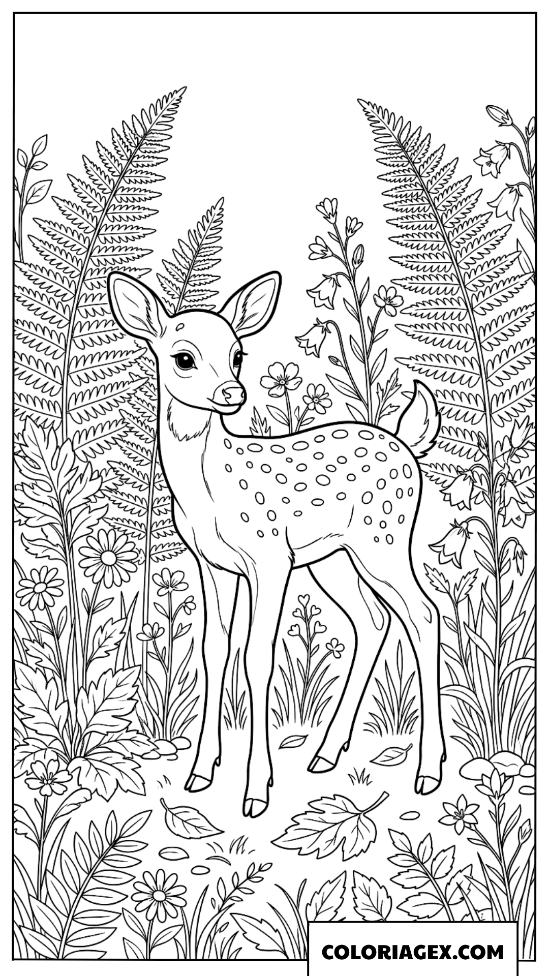 Dessin faon mignon debout parmi les fougeres
