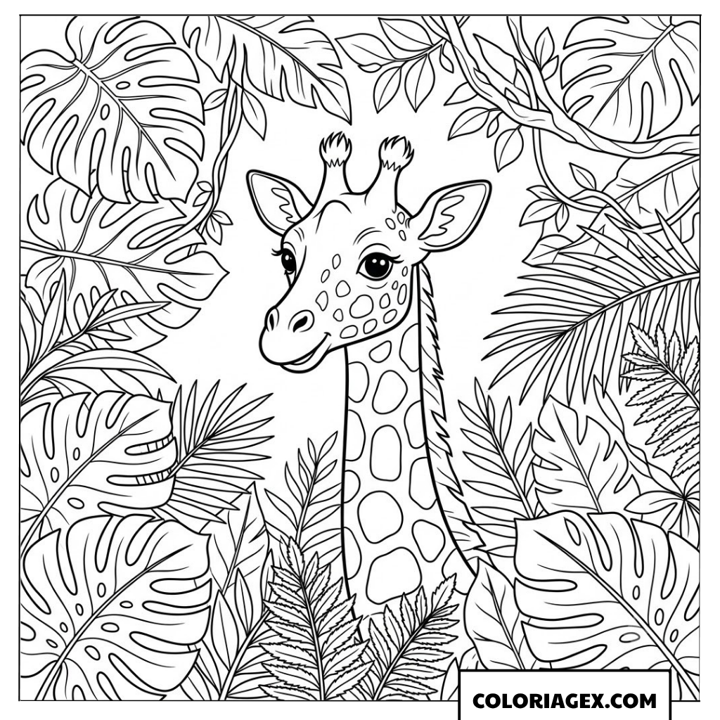 Dessin girafe curieuse cachee parmi les feuilles