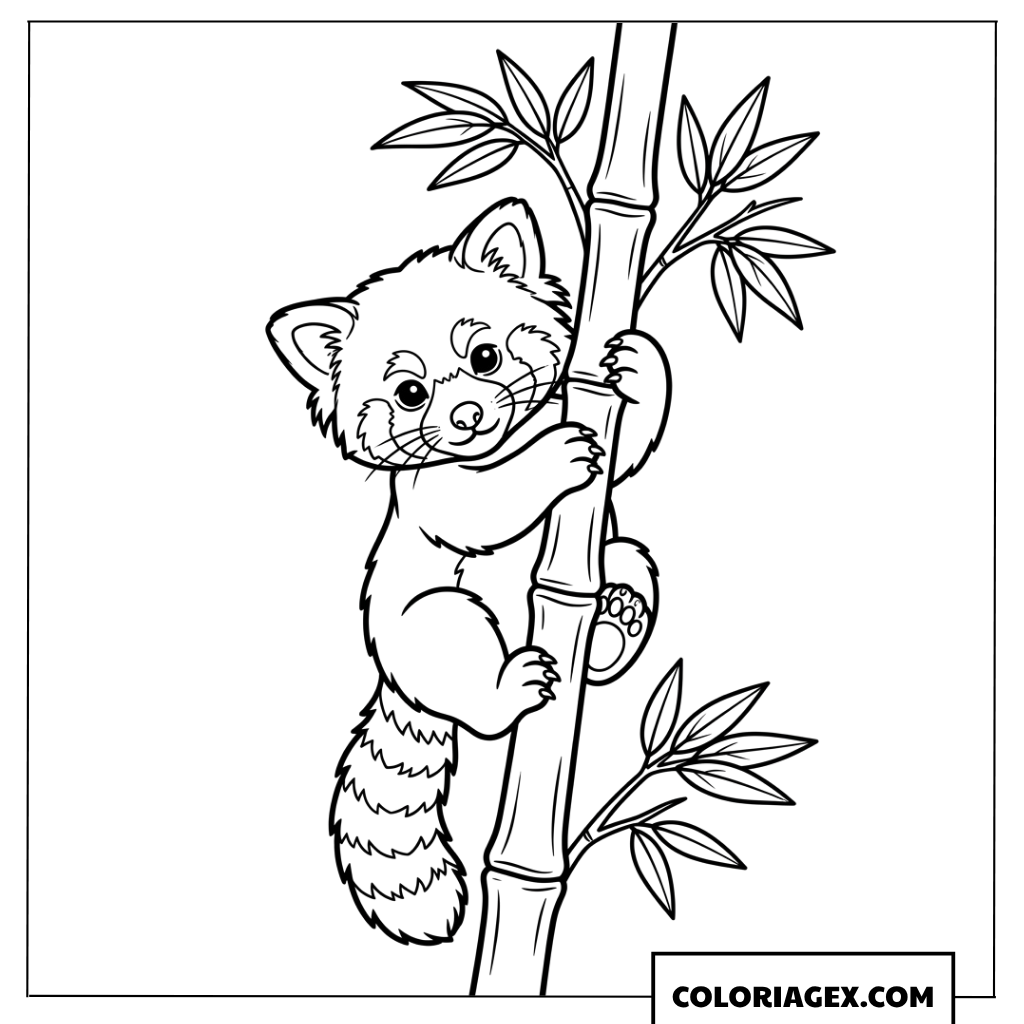 Dessin petit panda roux grimpant sur un bambou