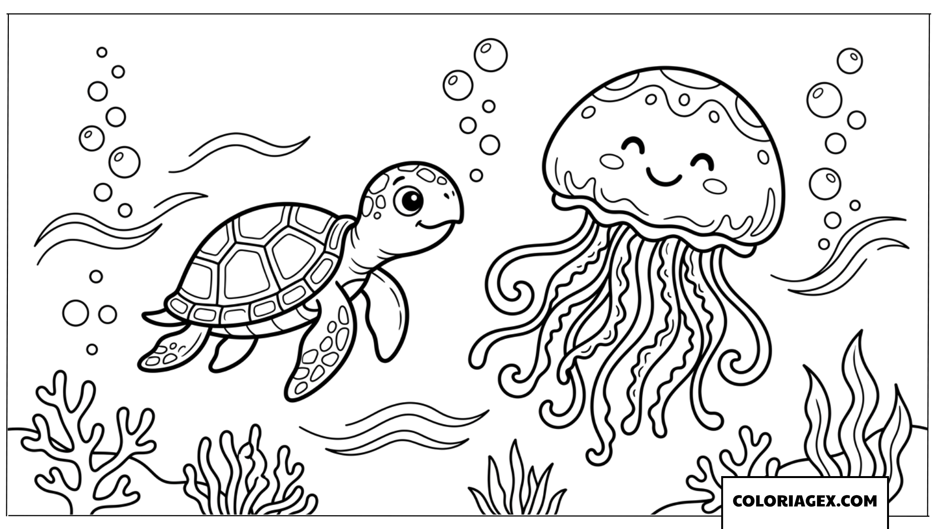 Dessin tortue de mer et meduse nageant sous l'eau
