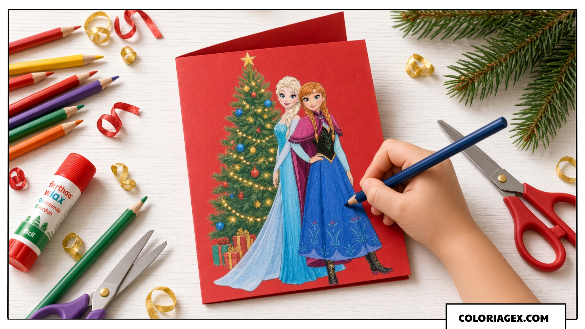 Carte de Noël Reine des Neiges Coloriée avec Anna et Elsa