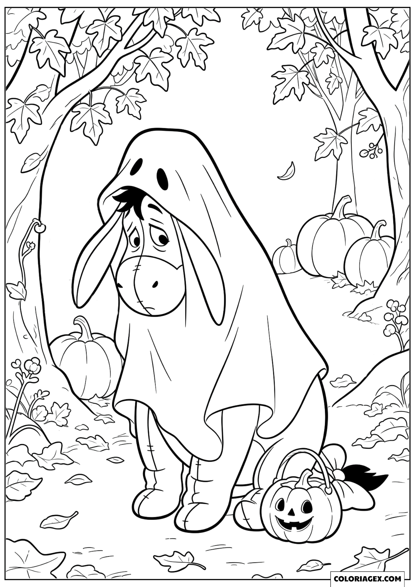 Coloriage Bourriquet Déguisé en Fantôme avec un Panier Citrouille