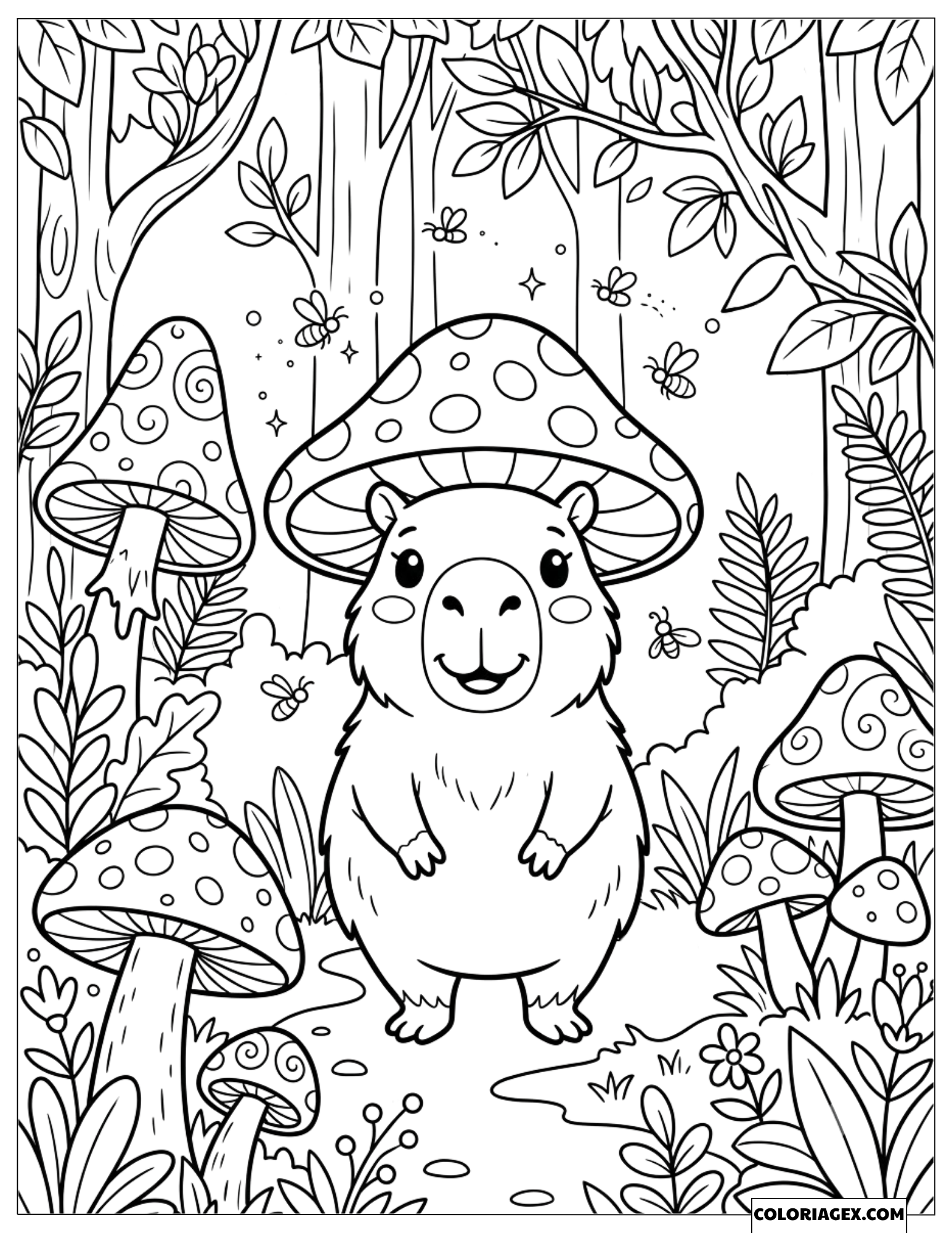 Coloriage Capybara coiffé d'un champignon explorant une forêt magique
