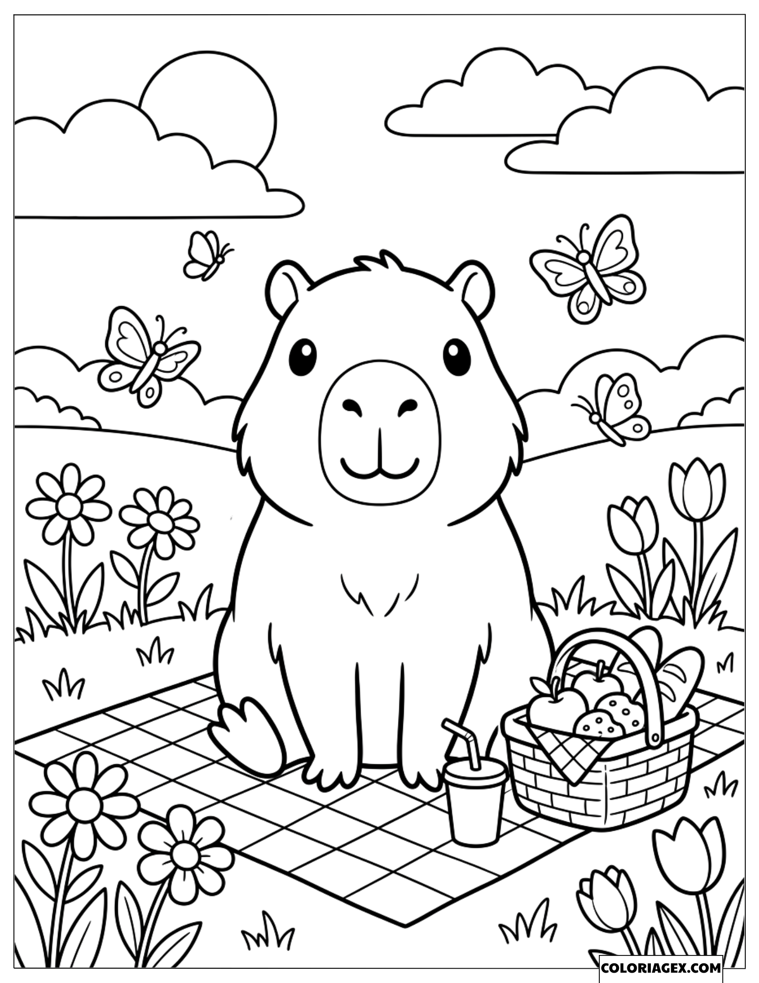 Coloriage Capybara profitant d'un pique-nique joyeux dans la nature
