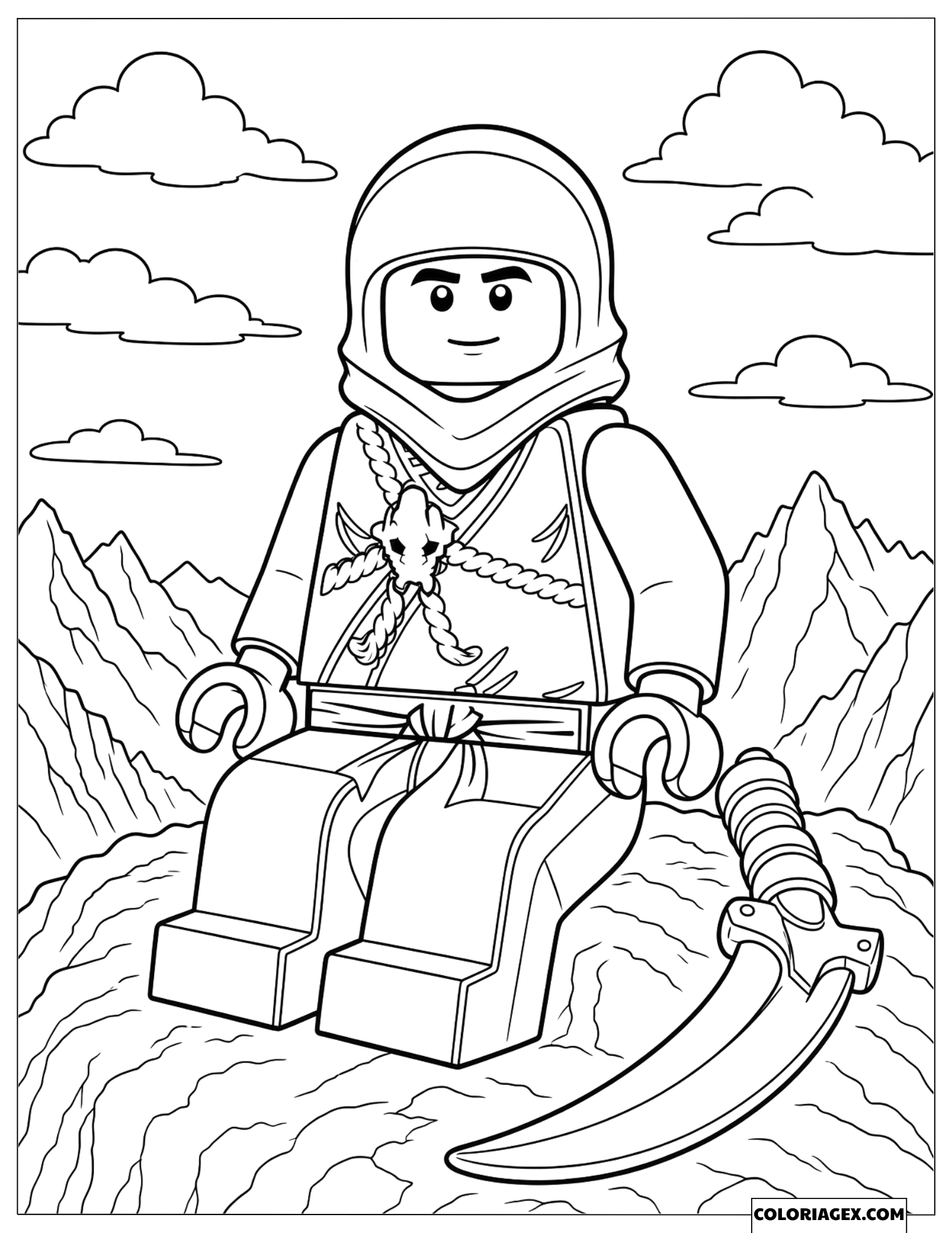 Coloriage Cole se reposant avec une arme sur une montagne