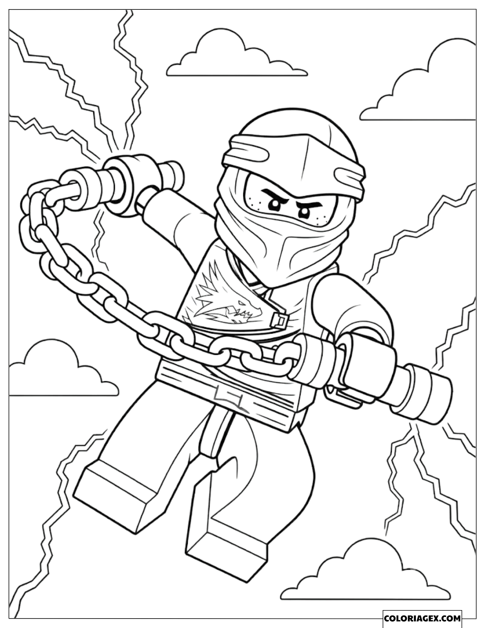 Coloriage Jay brandissant une chaîne électrique volant dans le ciel nuageux