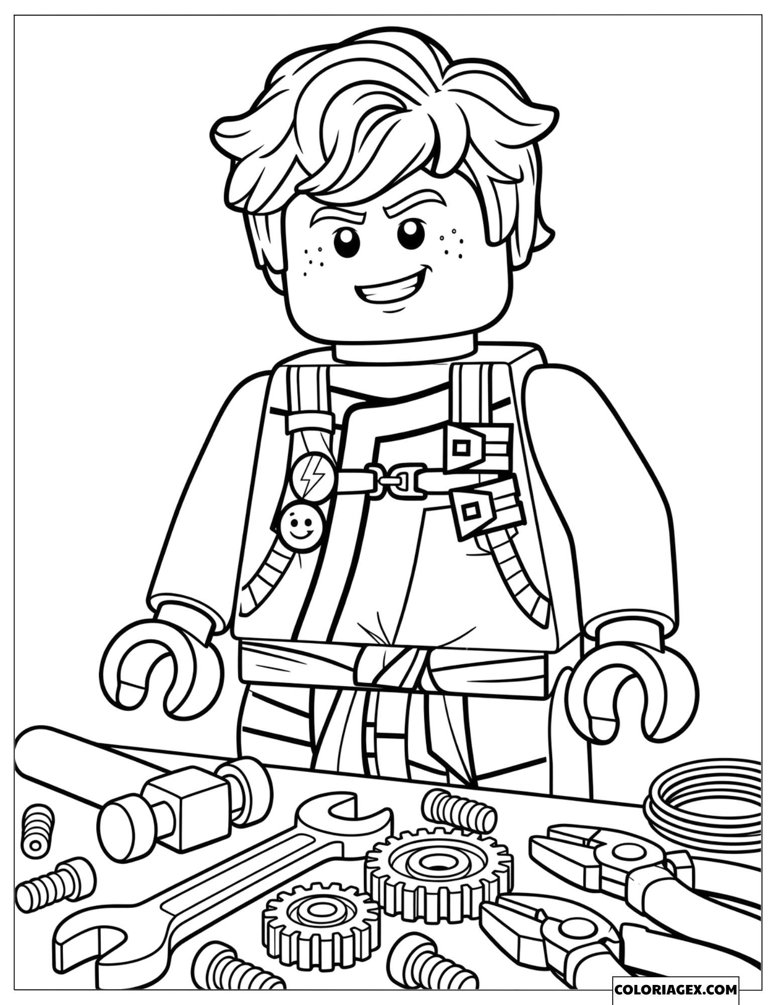 Coloriage Jay se tenant à l'établi avec des outils mécaniques