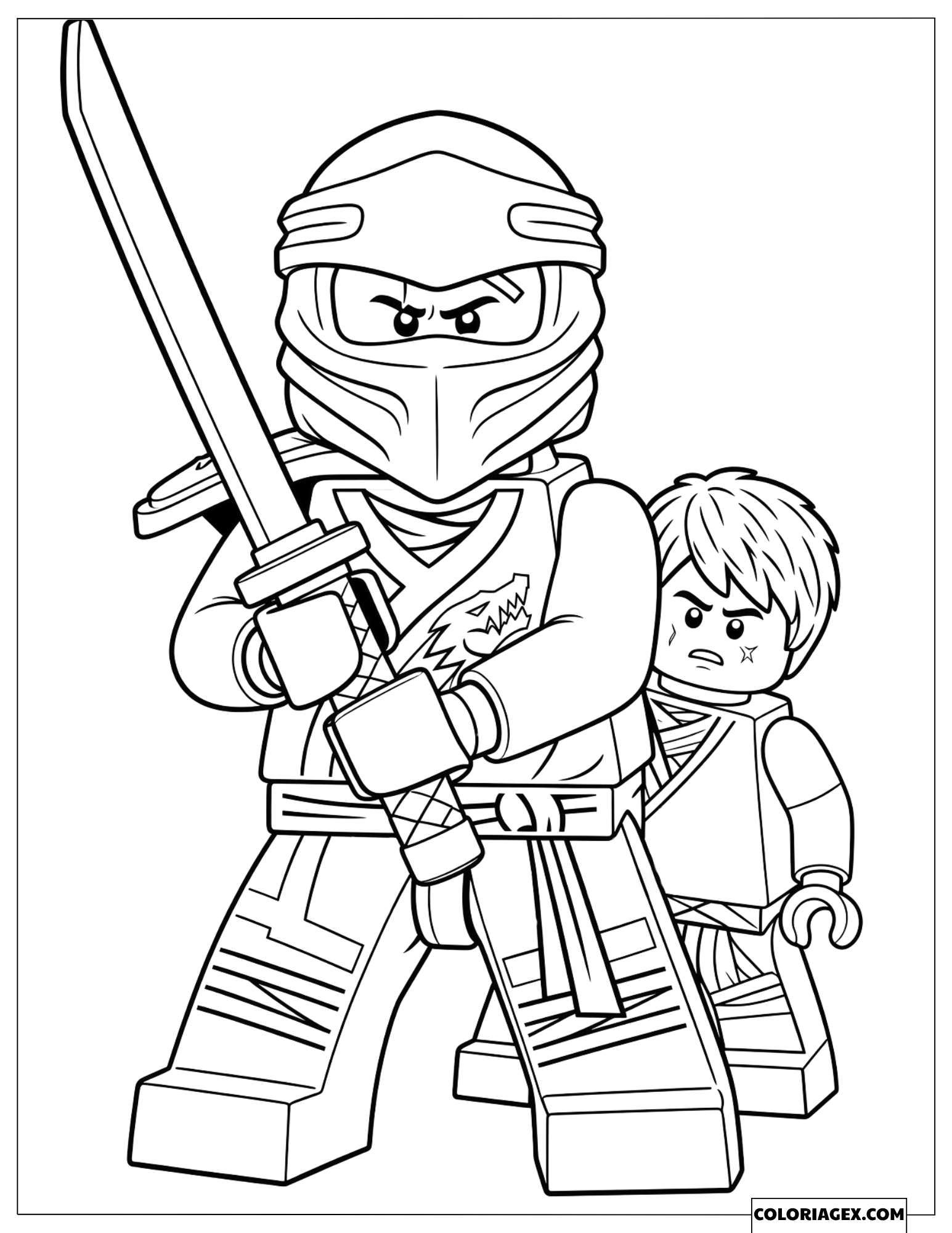 Coloriage Kai portant un masque tenant une épée avec un autre guerrier