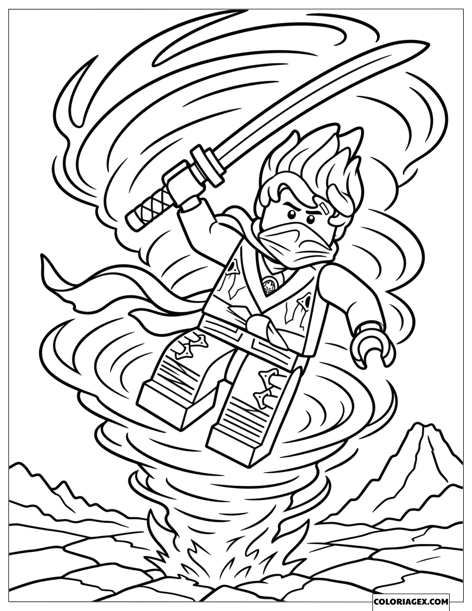 Coloriage Kai s'envolant dans un puissant tourbillon de feu