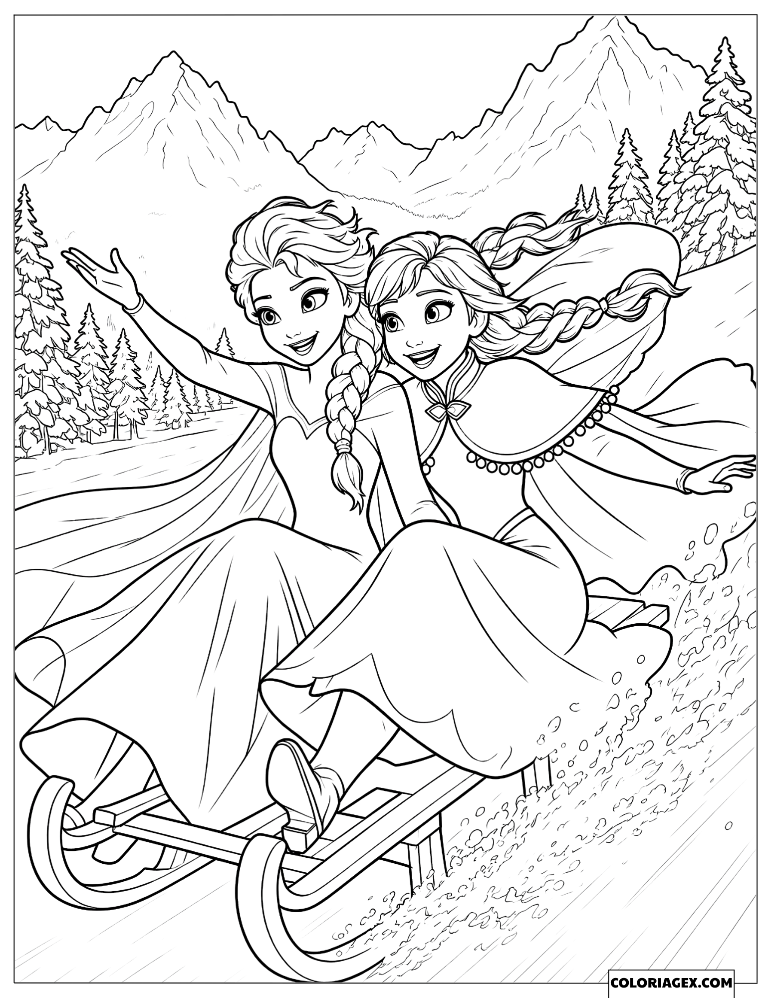 Coloriage La Reine des Neiges Elsa et Anna faisant de la luge avec joie
