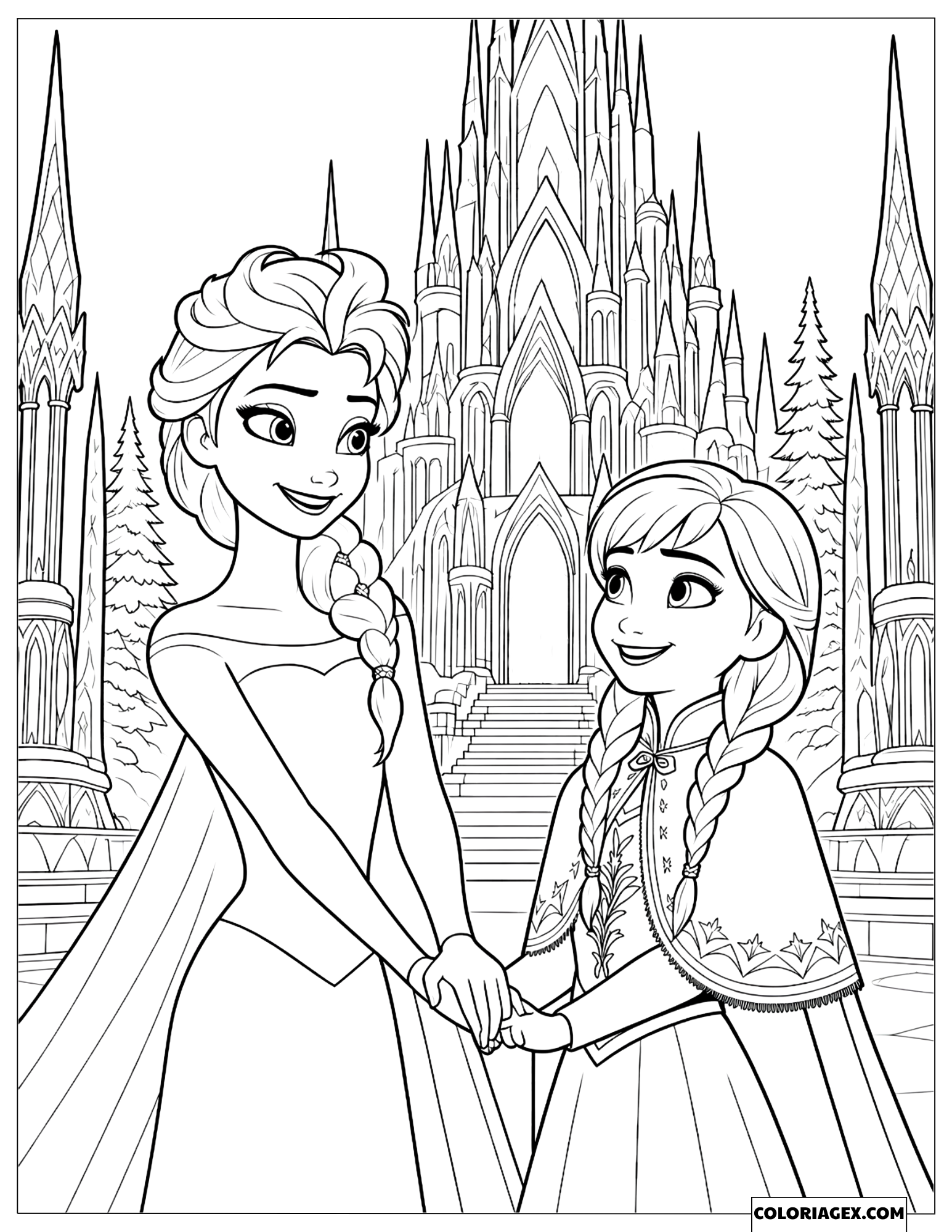 Coloriage La Reine des Neiges Elsa et Anna se tenant la main devant le château