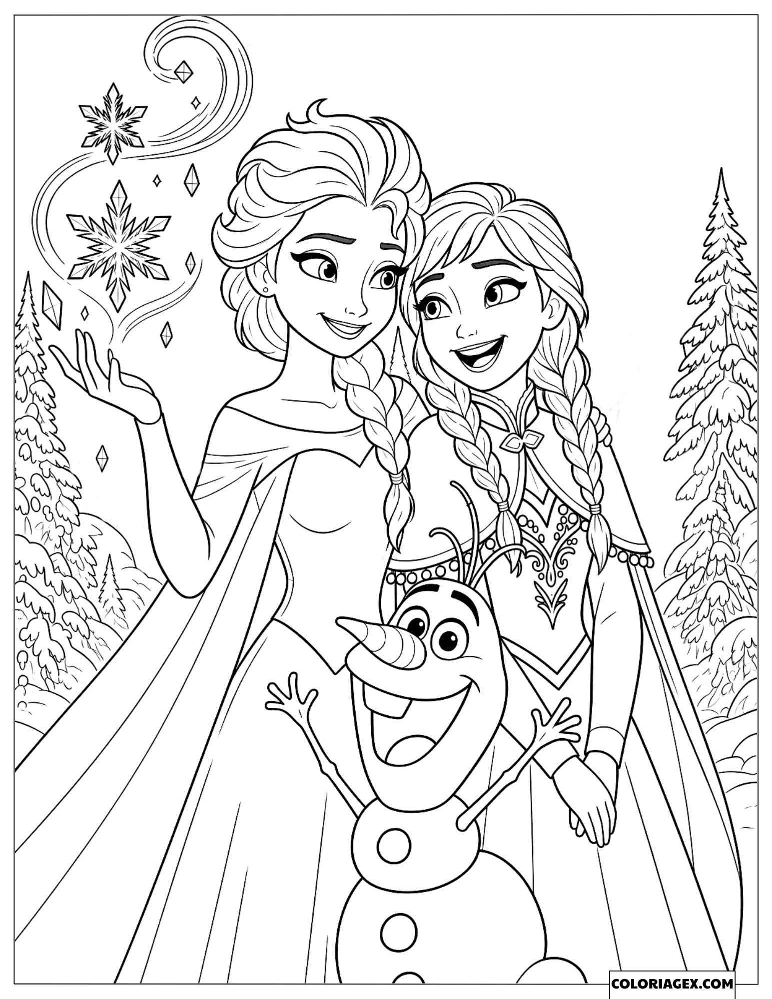 Coloriage La Reine des Neiges Elsa faisant de la magie avec Anna et Olaf