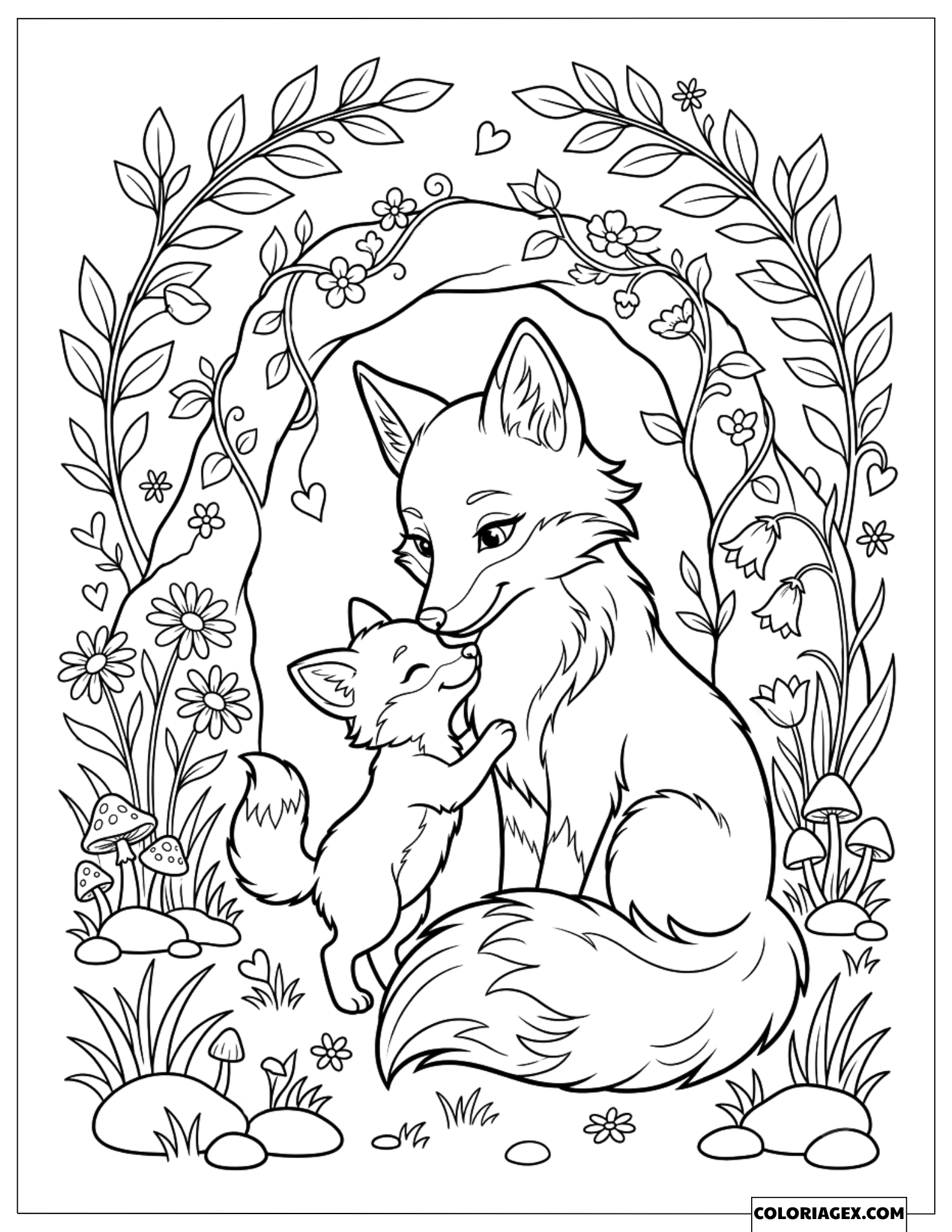 Coloriage Maman Renard et son Petit Partageant un Câlin Tendre