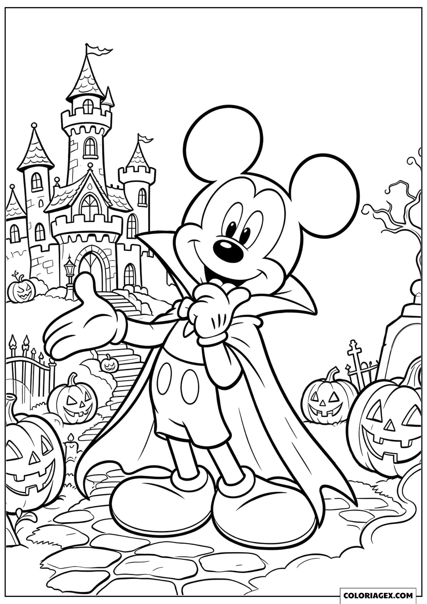 Coloriage Mickey Vampire Accueillant ses Amis Devant le Château