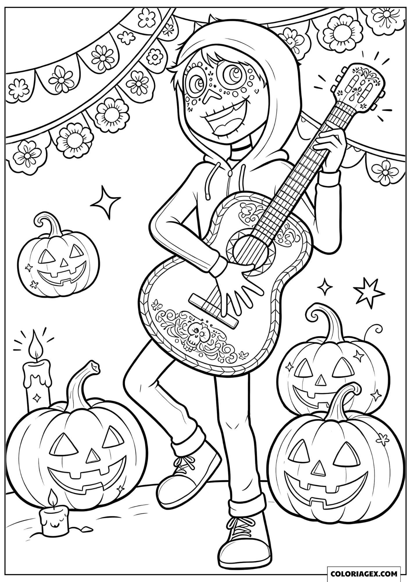 Coloriage Miguel Jouant de la Guitare avec des Citrouilles