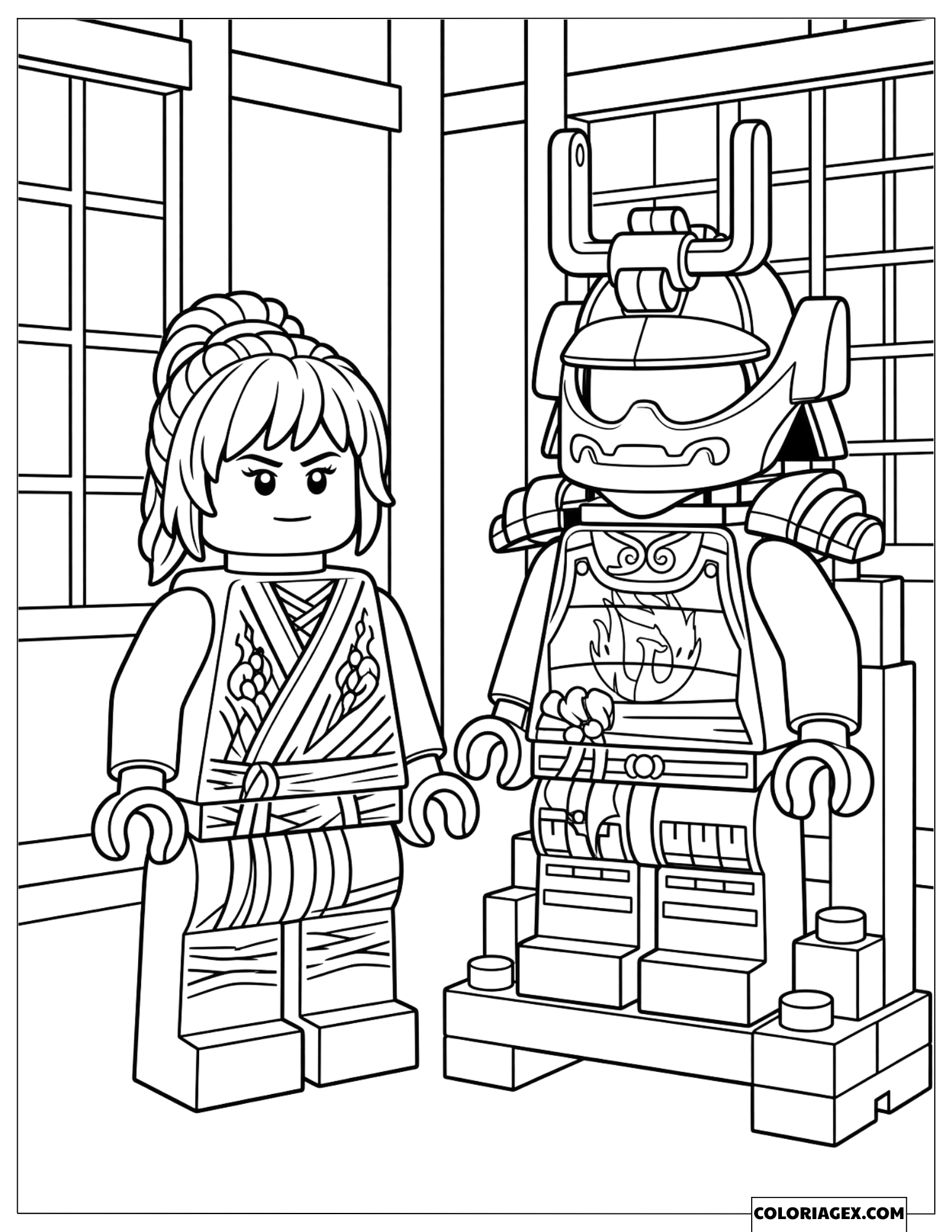 Coloriage Nya se tenant à côté d'une armure de Samouraï