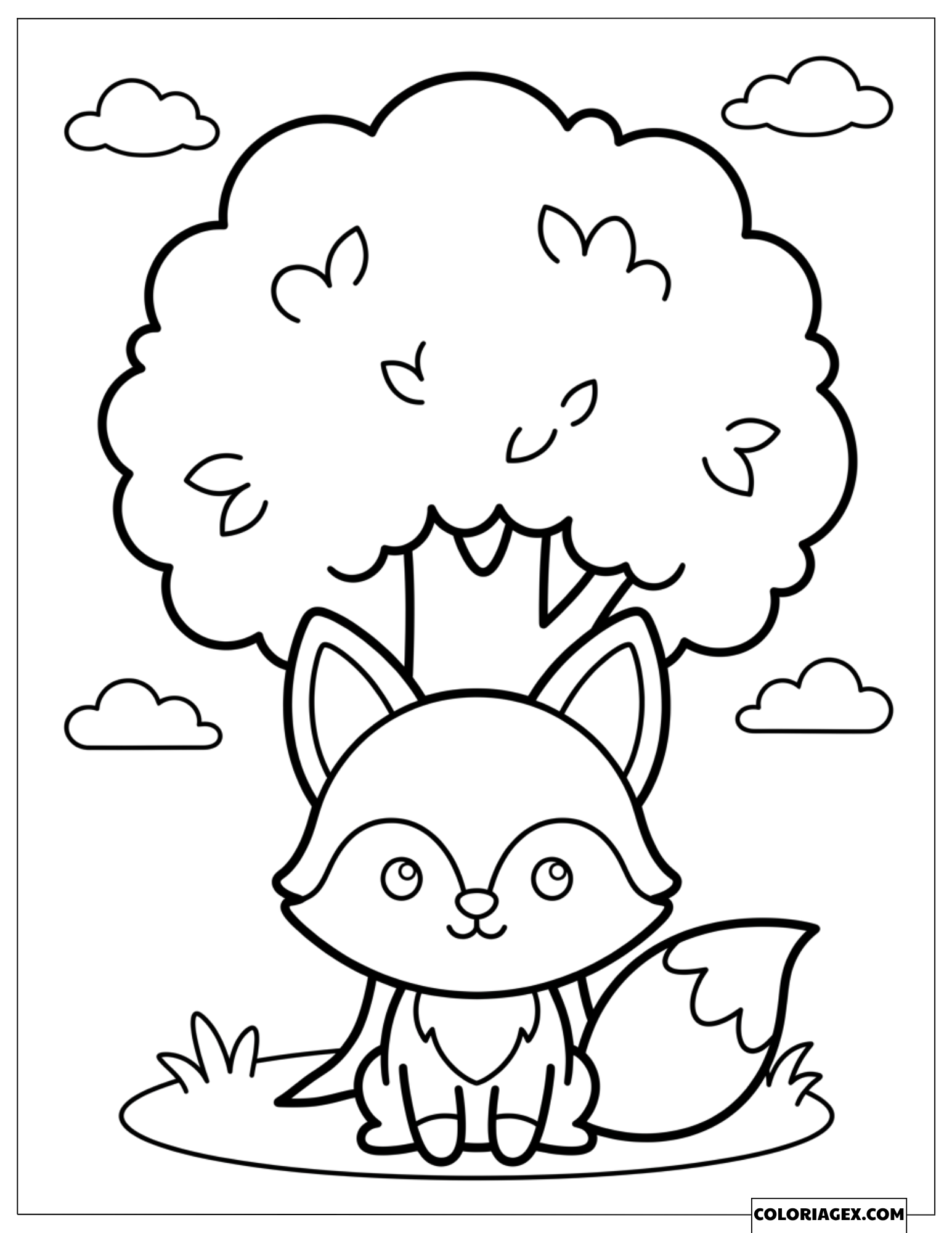 Coloriage Petit Renard Assis sous un Grand Arbre