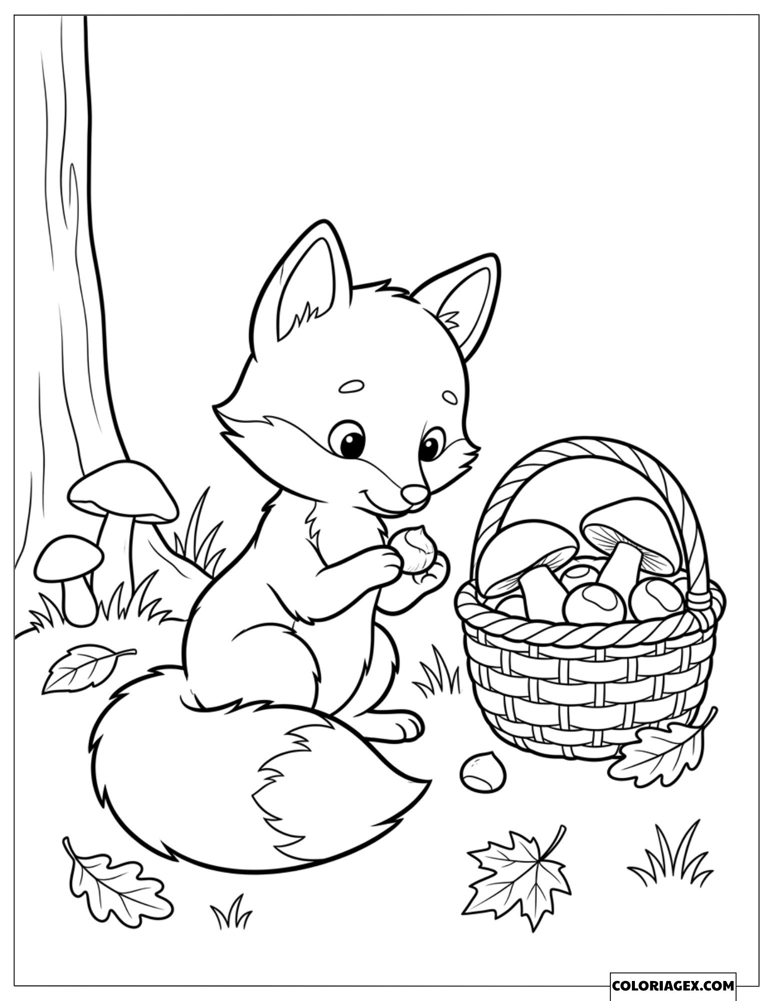 Coloriage Petit Renard Ramassant des Châtaignes Près d'un Panier de Champignons
