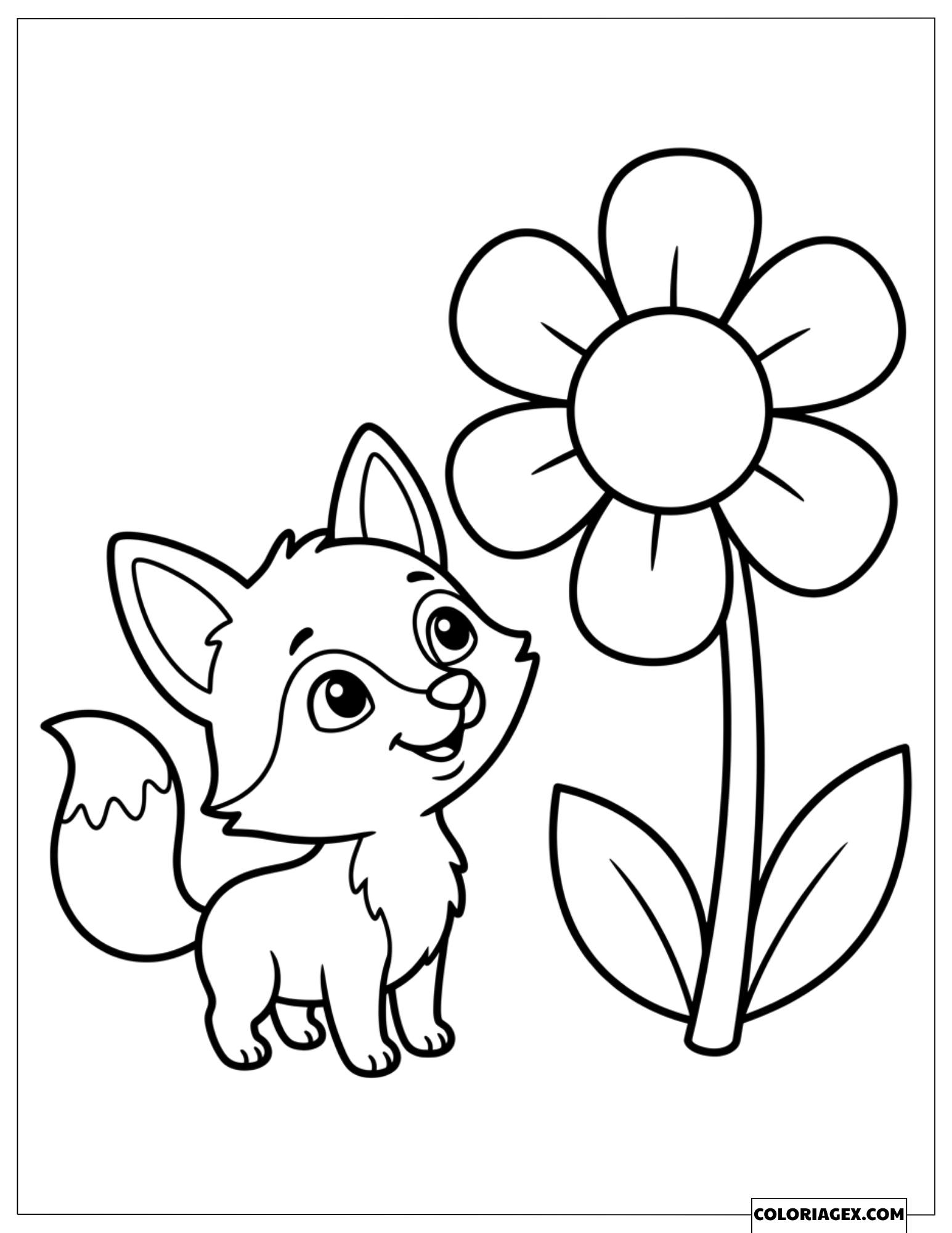 Coloriage Petit Renard Regardant une Grande Fleur