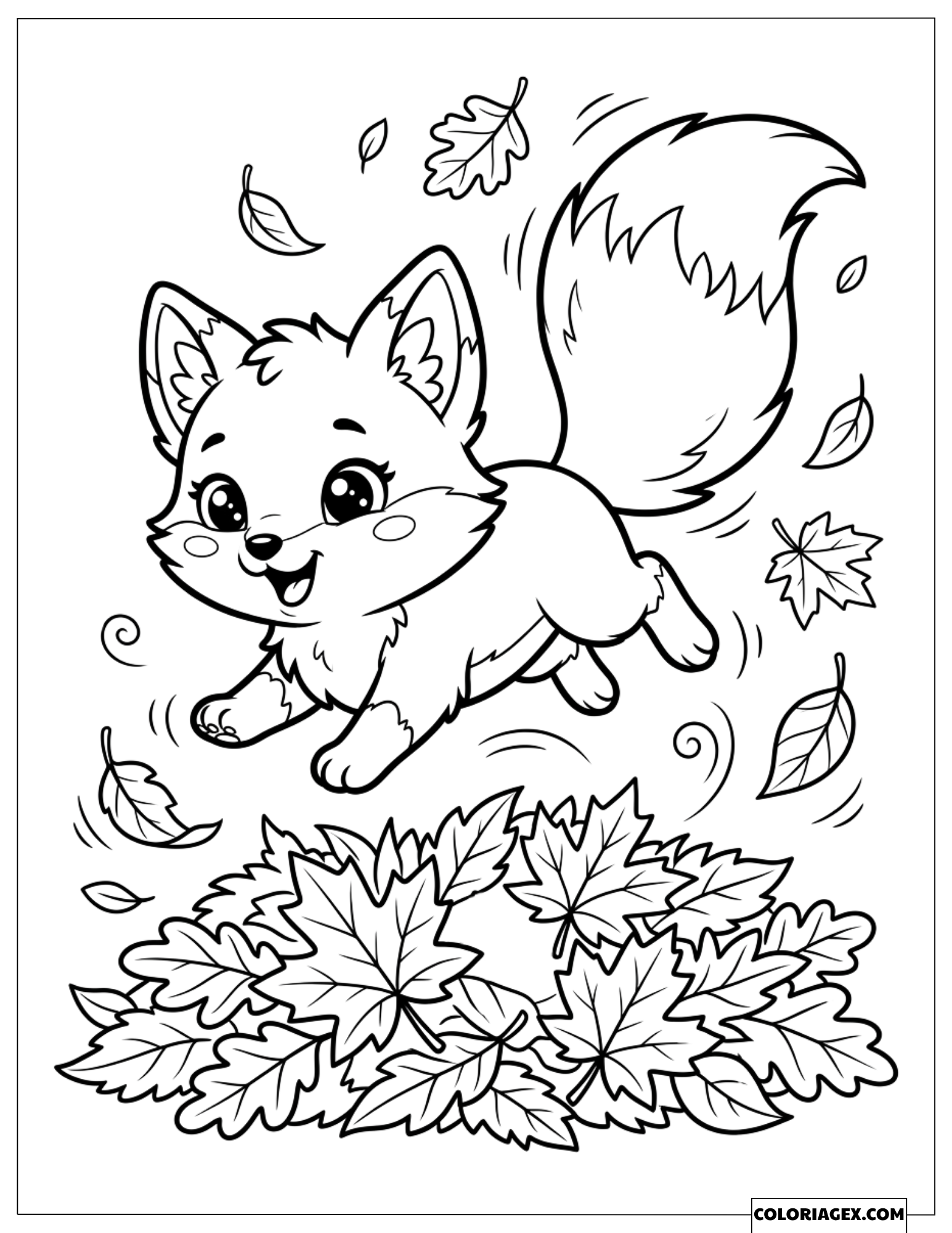Coloriage Petit Renard Sautant Joyeusement sur des Feuilles d'Automne